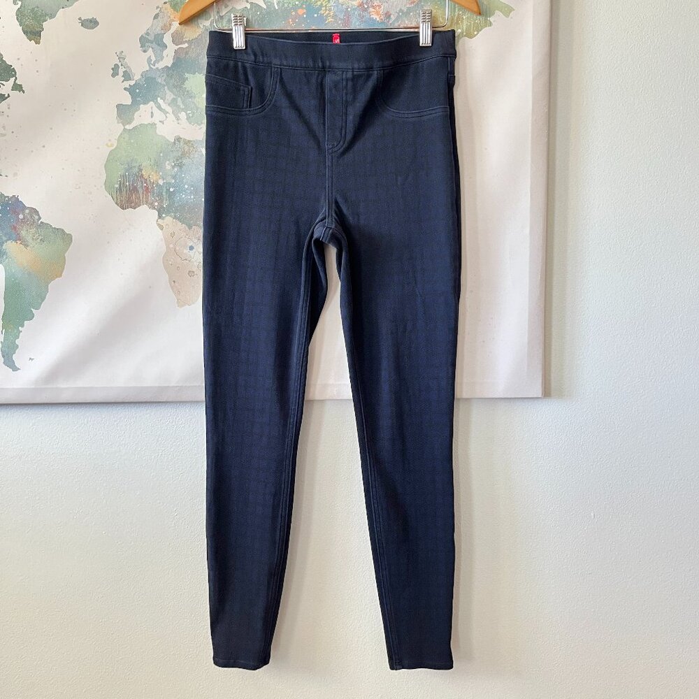 Spanx Jean-ish Ankle Leggings Sz Medium Windowpane Grid Check Plaid Blue Black